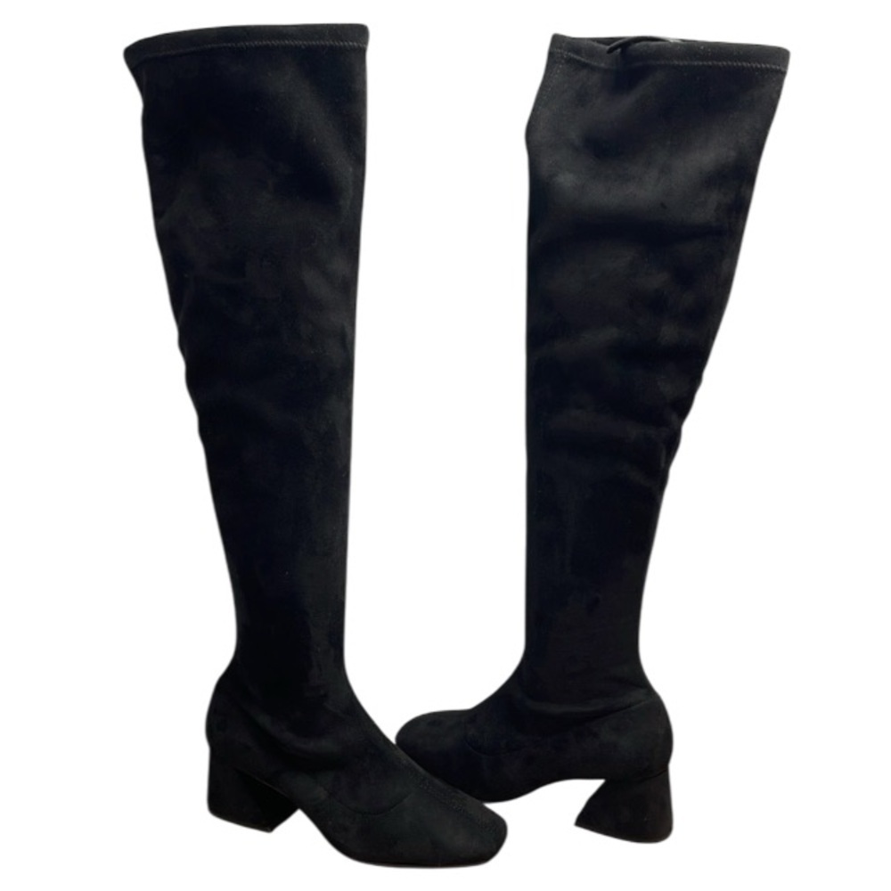 L’intervalle Over The Knee Boots Black Faux Suede Square Toe Asymmetric Heel 40